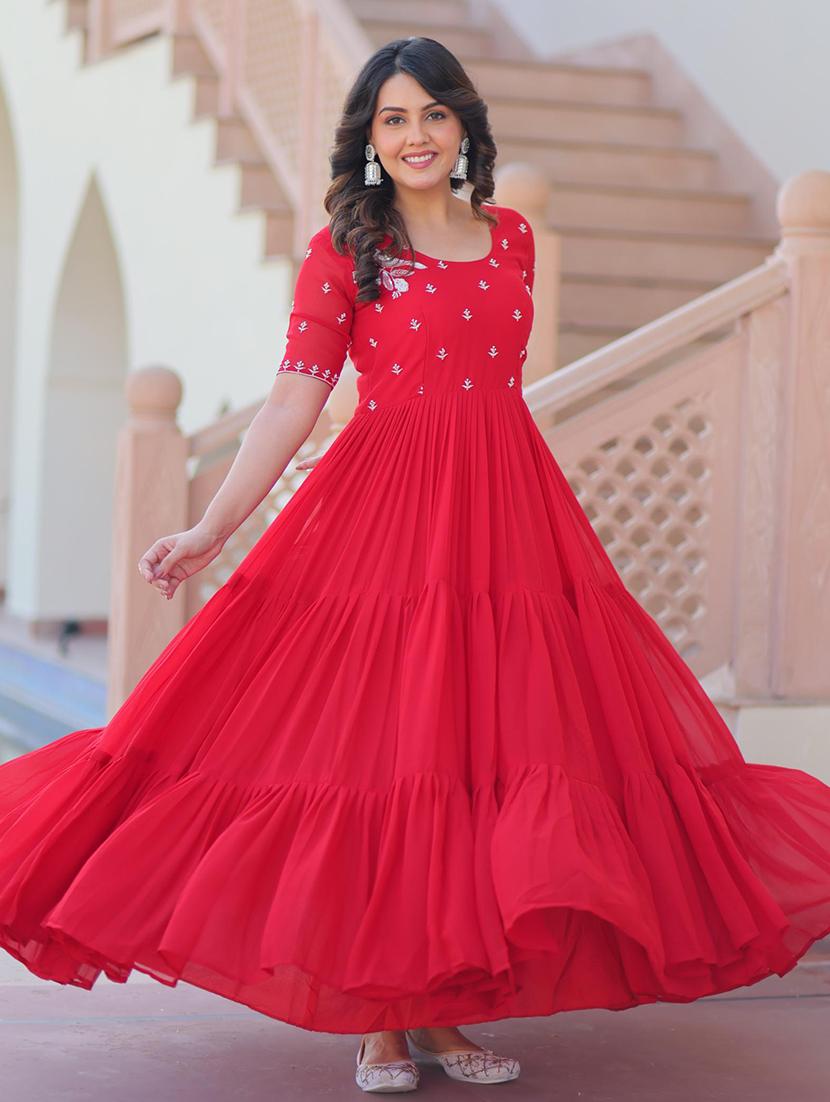 women solid with work short sleeve tiered ethnic dress - 22014721 - Standard Image - 1