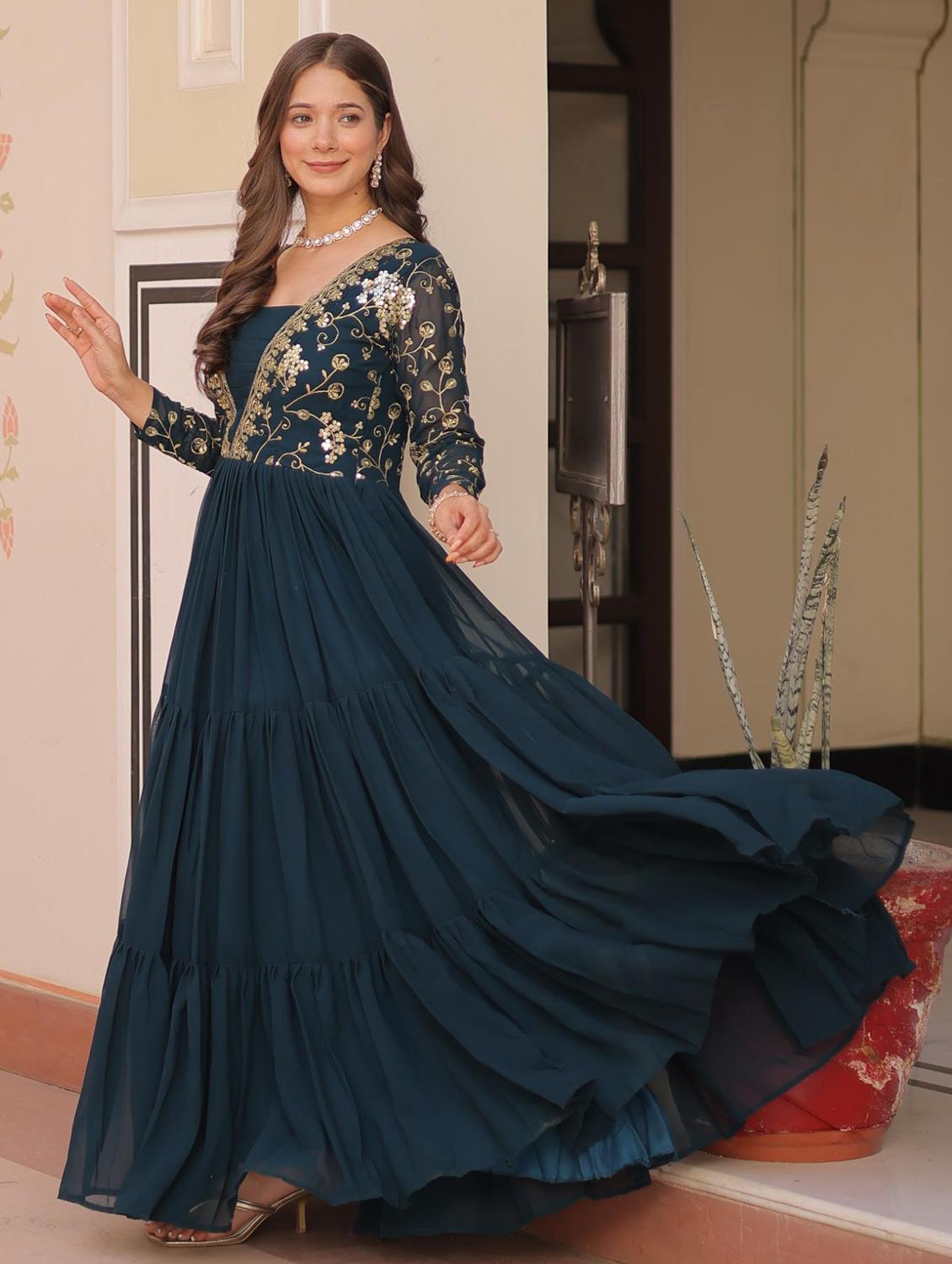 women solid with work square neck tiered ethnic dress - 22014725 - Standard Image - 1
