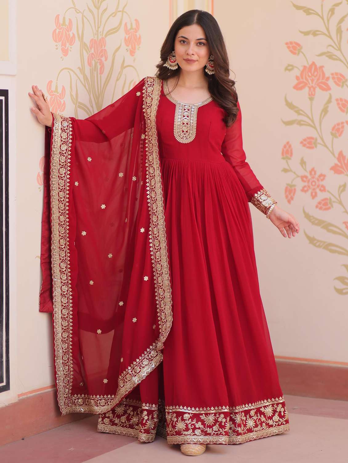 women embroidered long sleeve anarkali kurta dupatta set