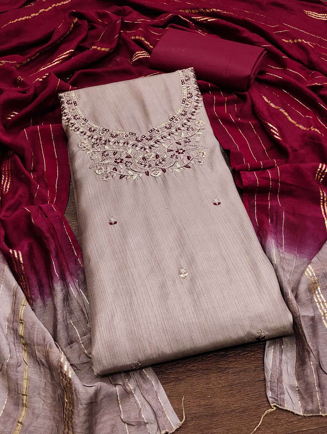 women solid with work embroidered unstitched suit set - 22016341 - Standard Image - 1