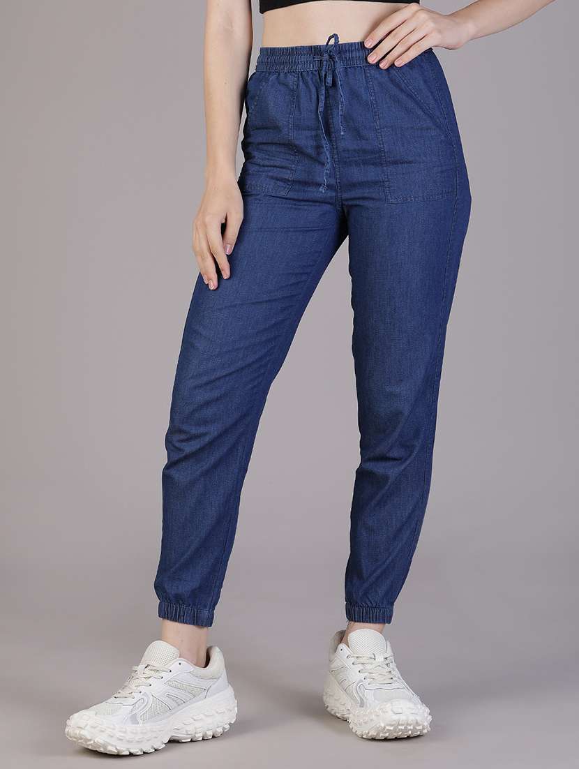 women solid high rise denim jogger