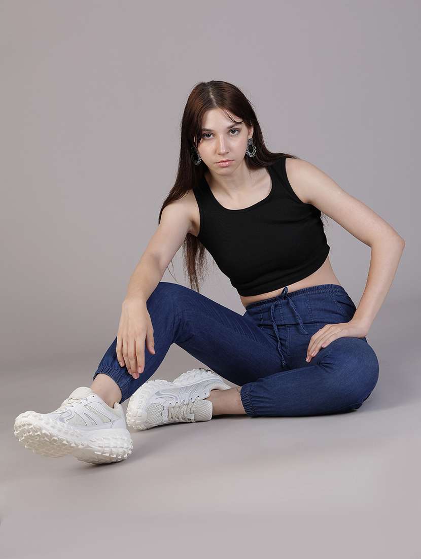 women solid high rise denim jogger - 22016423 - Standard Image - 4