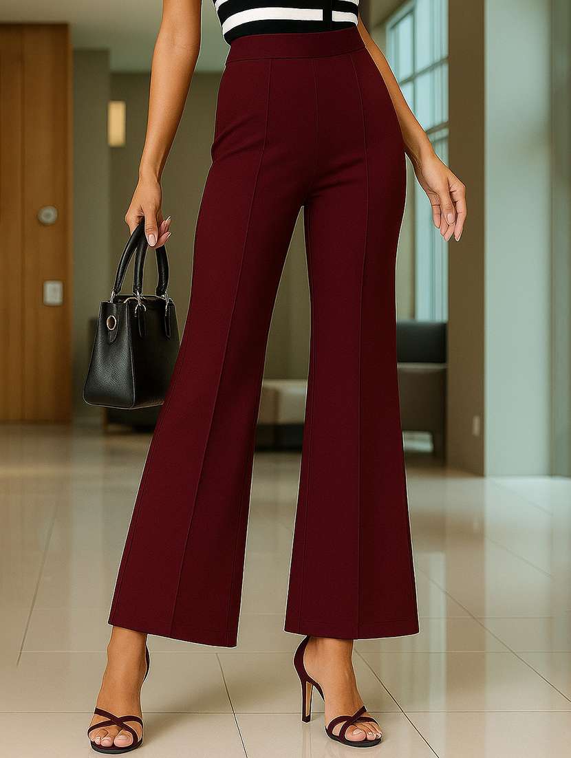 women solid high rise straight trouser