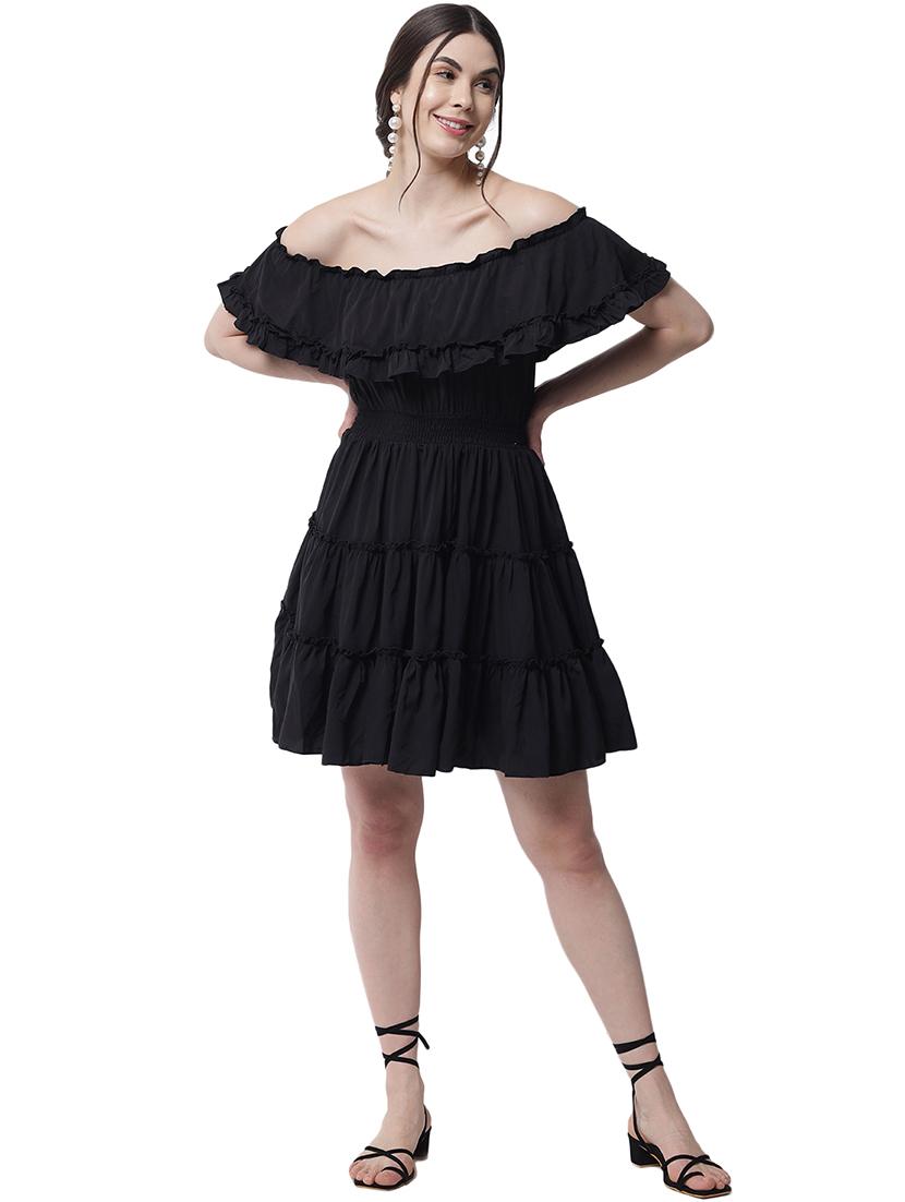 women black solid off shoulder tiered dress - 22016463 -  Zoom Image - 0