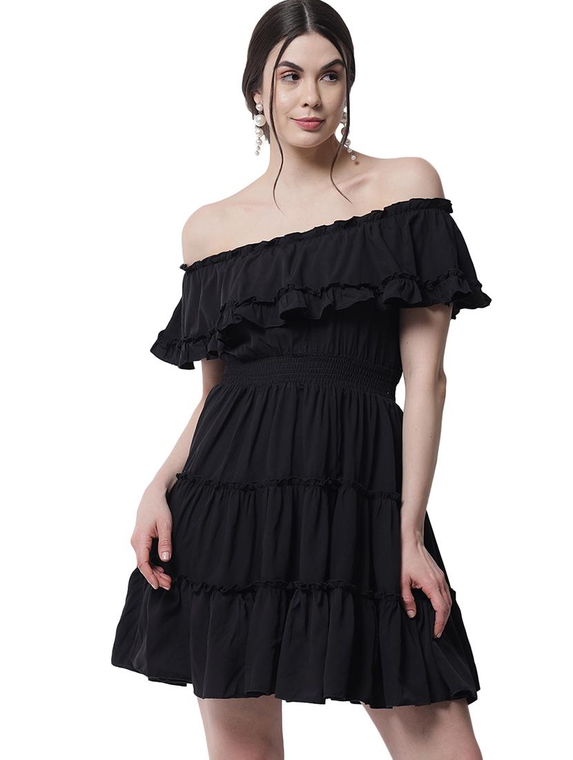 women black solid off shoulder tiered dress - 22016463 -  Standard Image - 1