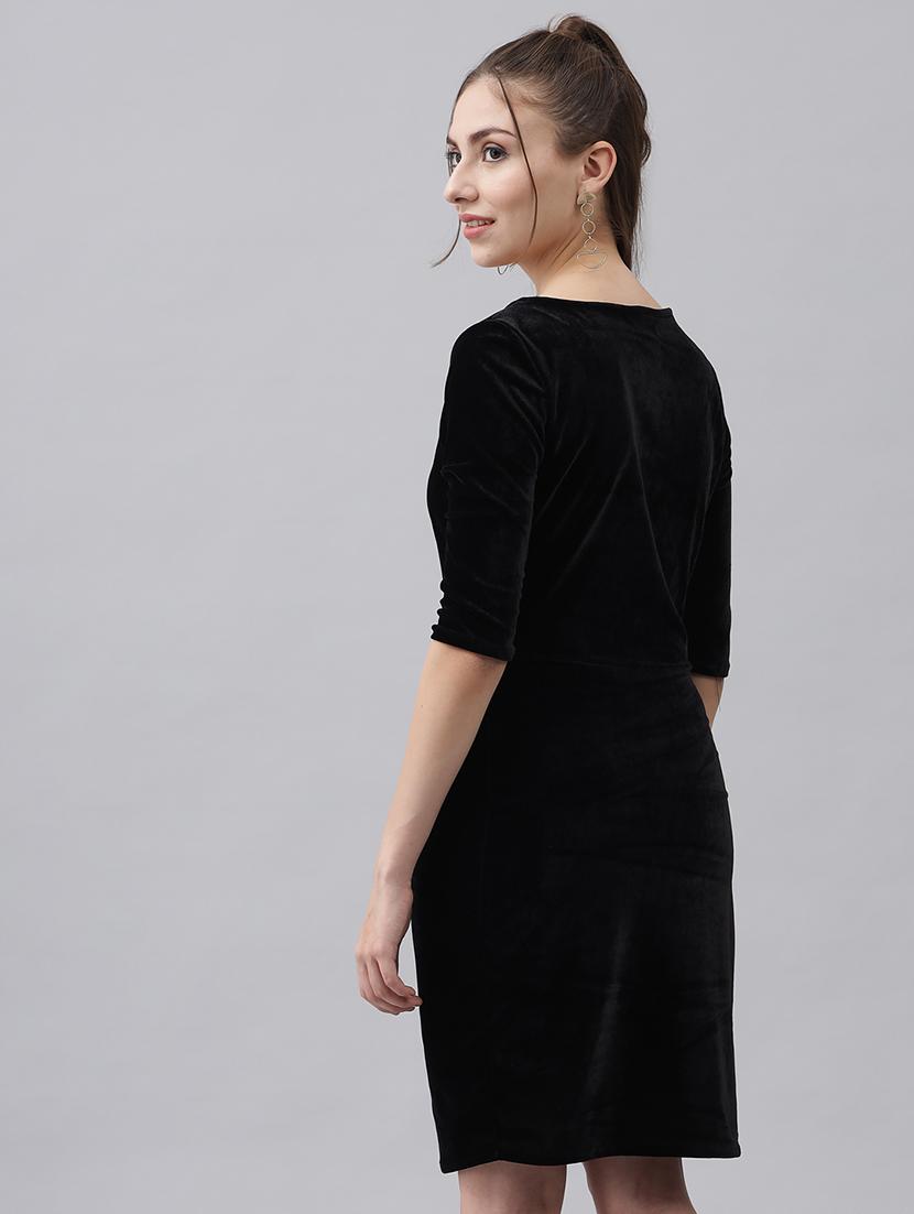 women solid round neck velvet sheath dress - 22017249 - Standard Image - 4