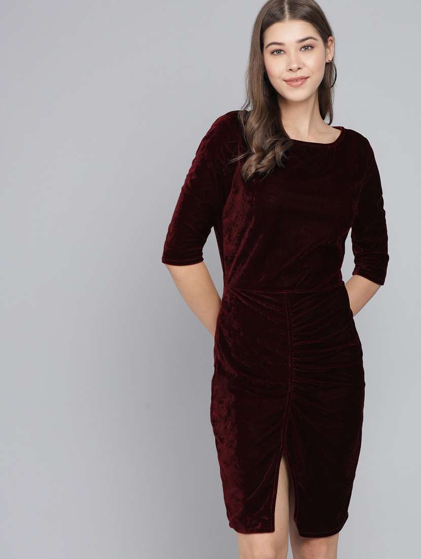 women solid round neck velvet sheath dress - 22017250 - Standard Image - 1