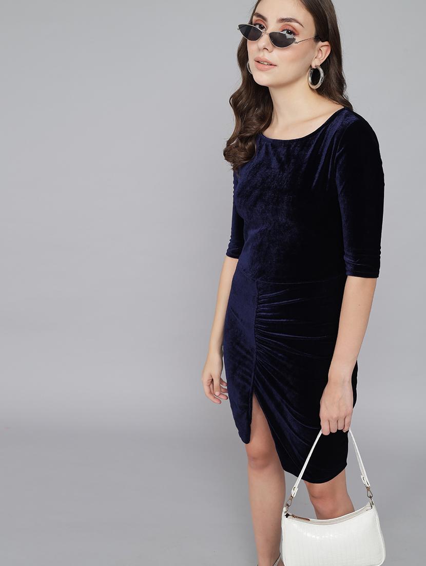 women solid round neck velvet sheath dress - 22017251 -  Standard Image - 1