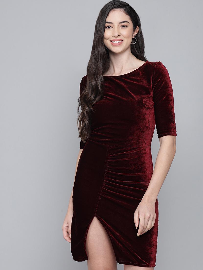 women solid round neck velvet sheath dress - 22017252 - Standard Image - 1