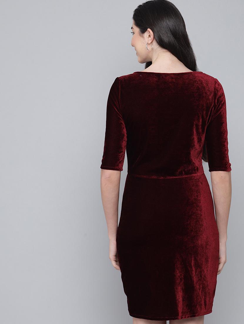 women solid round neck velvet sheath dress - 22017252 - Standard Image - 4