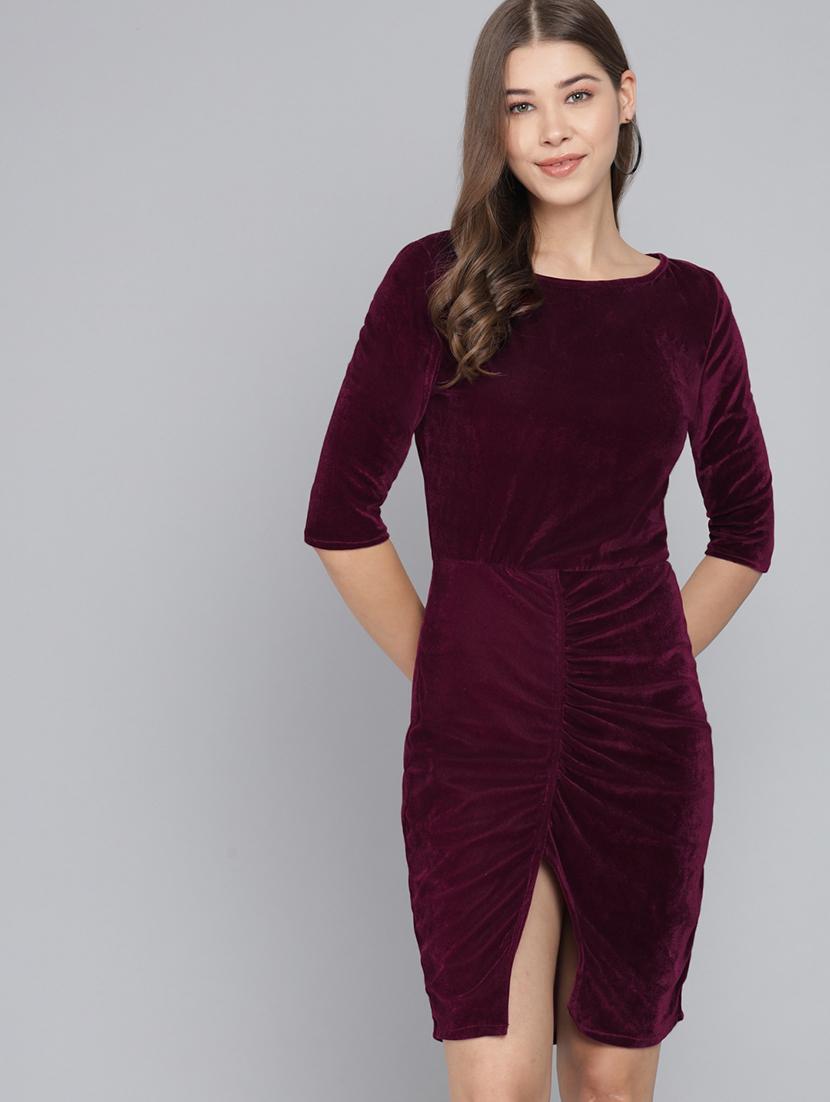 women solid round neck velvet sheath dress - 22017253 - Standard Image - 1
