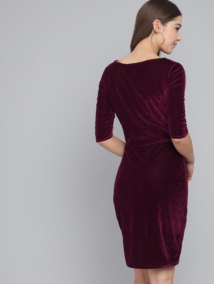 women solid round neck velvet sheath dress - 22017253 - Standard Image - 4