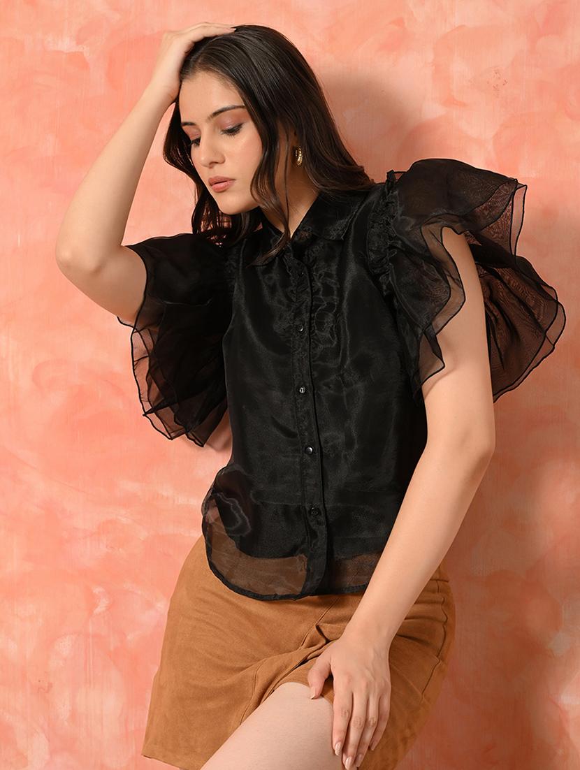 women black solid ruffled sleeve shirt - 22017393 - Standard Image - 1