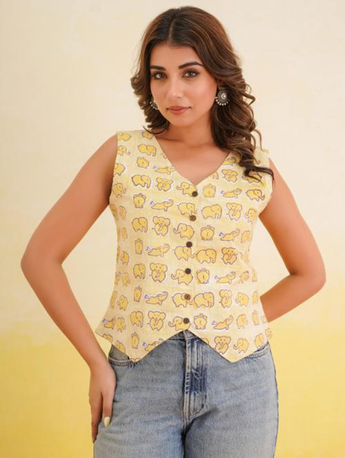women yellow printed sleeveless vest top - 22017475 - Standard Image - 0