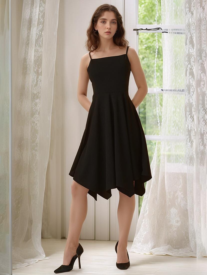 women black solid shoulder strap asymmetric dress - 22017532 -  Zoom Image - 0