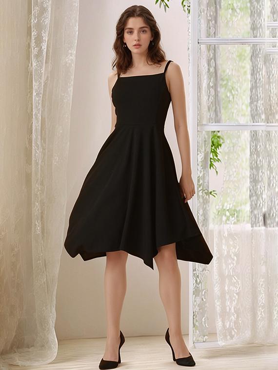 women black solid shoulder strap asymmetric dress - 22017532 -  Standard Image - 1
