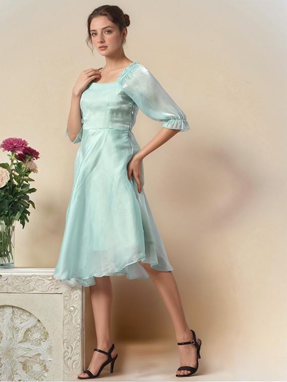 women solid puff sleeve a-line dress - 22017535 - Standard Image - 1