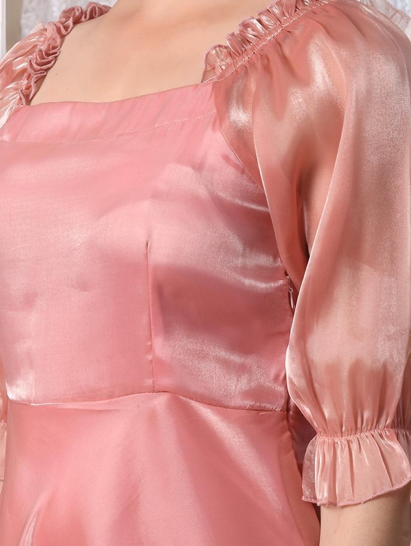 women pink solid puff sleeve a-line dress - 22017536 - Standard Image - 4