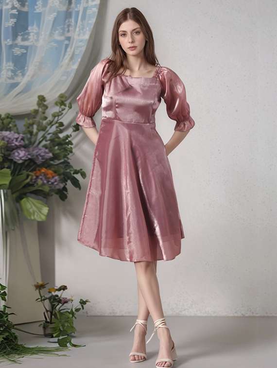 women mauve solid puff sleeve a-line dress - 22017537 -  Standard Image - 1