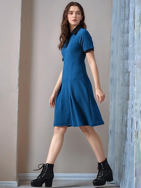 women solid collared short sleeve a-line dress - 22017544 - Standard Image - 1