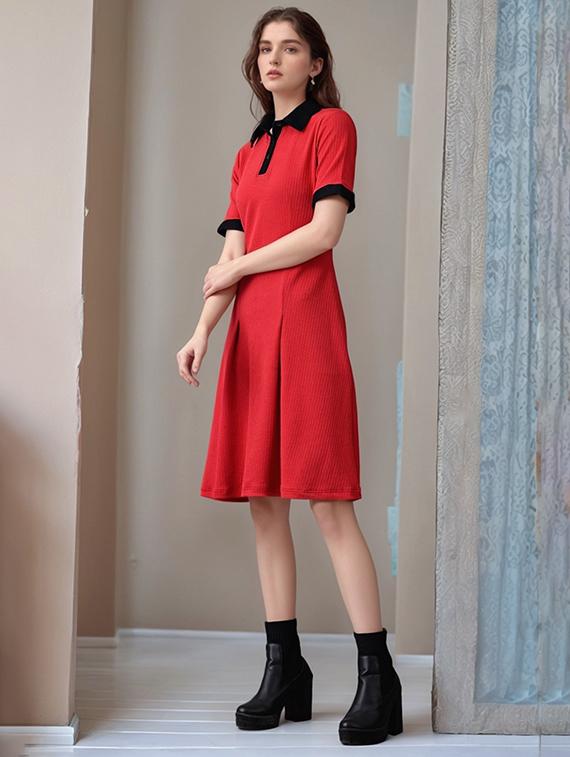women solid collared short sleeve a-line dress - 22017545 -  Standard Image - 1
