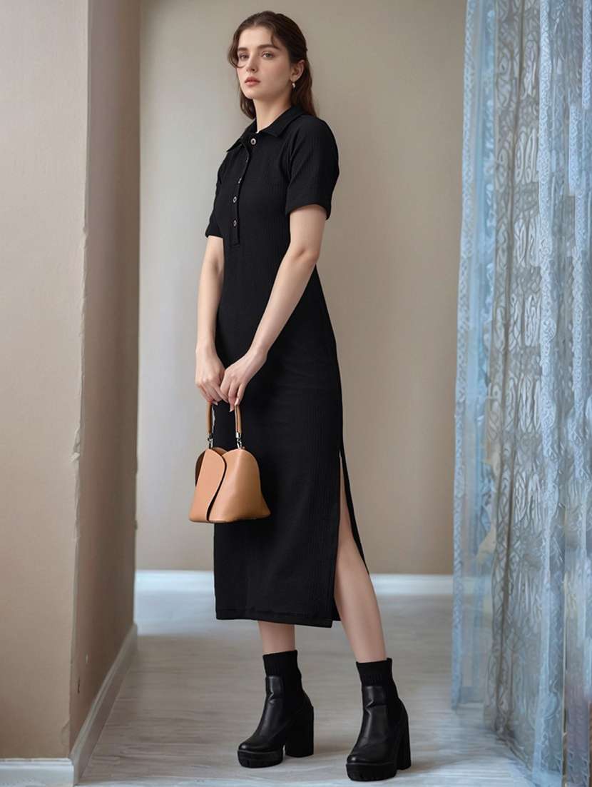 women black solid collared straight dress - 22017546 -  Zoom Image - 0