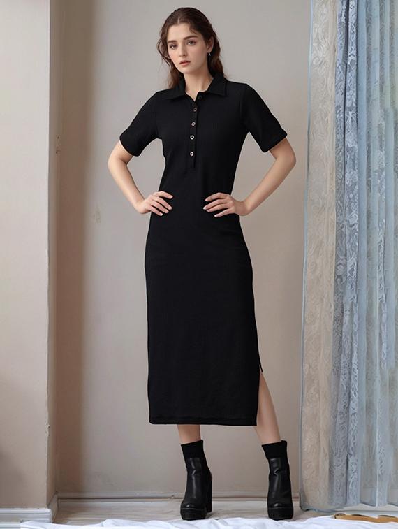 women black solid collared straight dress - 22017546 - Standard Image - 1