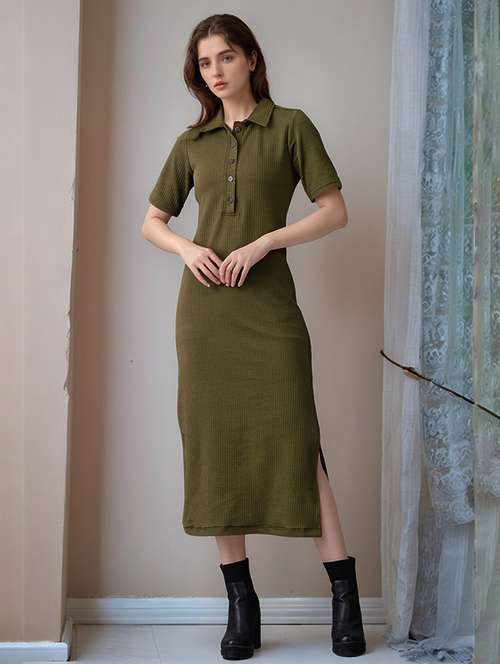 women olive solid collared straight dress - 22017547 - Standard Image - 0