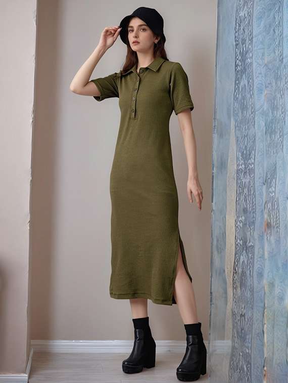 women olive solid collared straight dress - 22017547 - Standard Image - 1