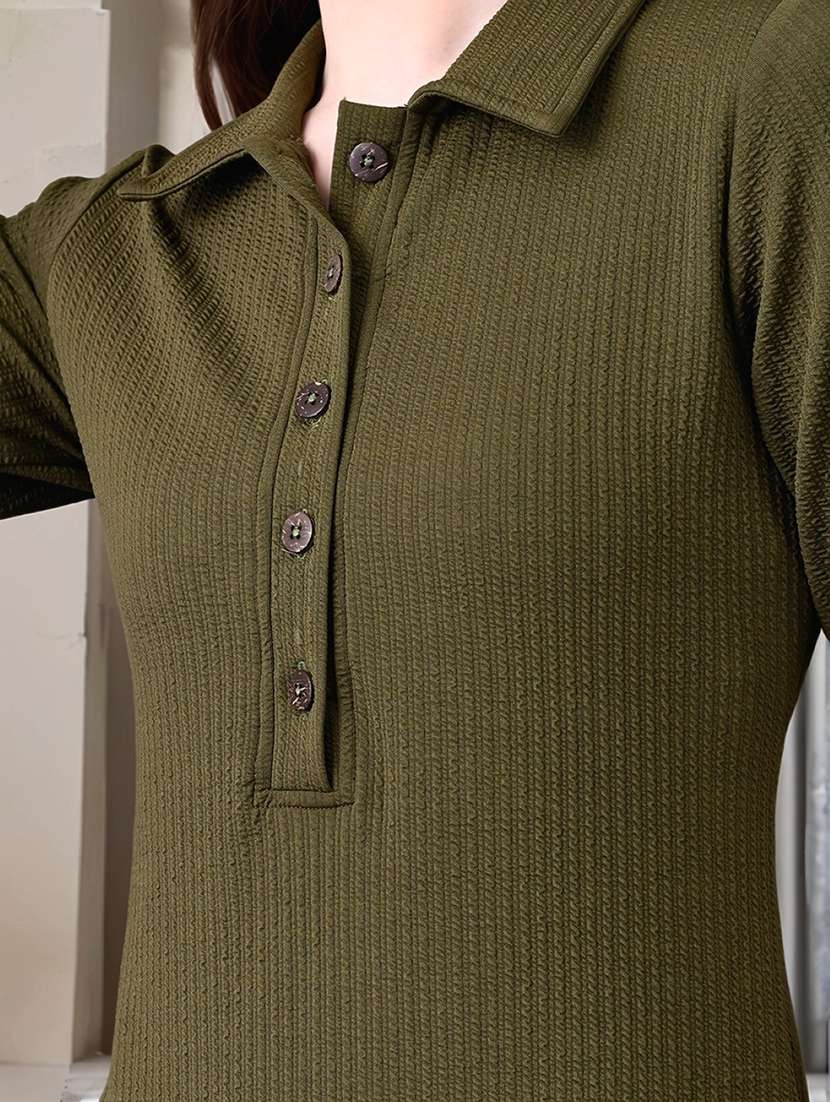 women olive solid collared straight dress - 22017547 - Standard Image - 4