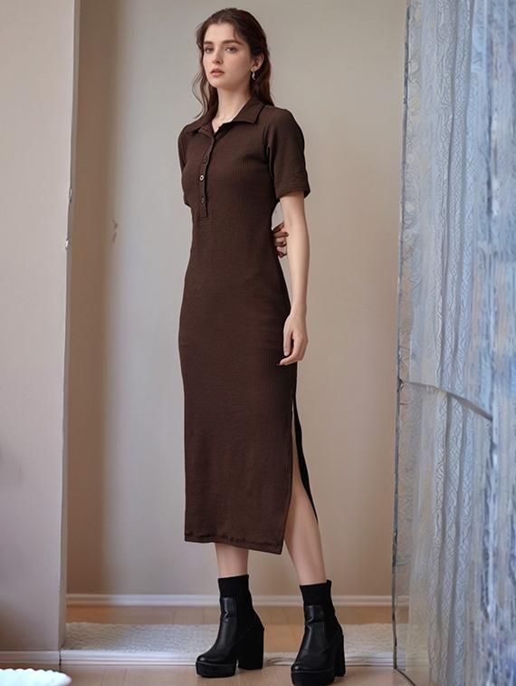 women solid short sleeve collared straight dress - 22017548 - Standard Image - 1