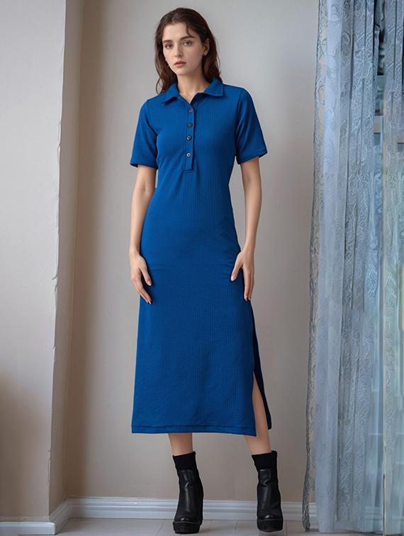 women solid short sleeve collared straight dress - 22017549 - Standard Image - 1