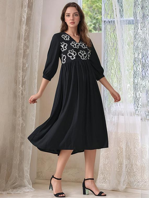 women embroidered puff sleeve fit & flare dress - 22017552 - Standard Image - 1