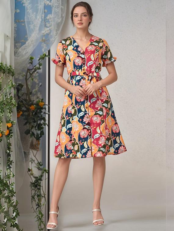 women printed puff sleeve a-line dress - 22017554 -  Zoom Image - 0