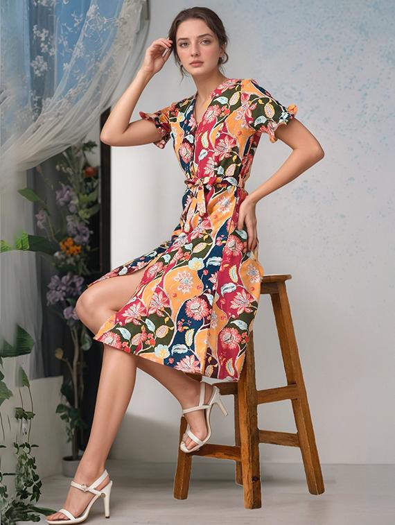 women printed puff sleeve a-line dress - 22017554 -  Standard Image - 1
