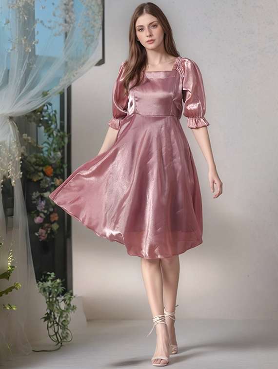 women solid puff sleeve a-line dress - 22017561 -  Standard Image - 1