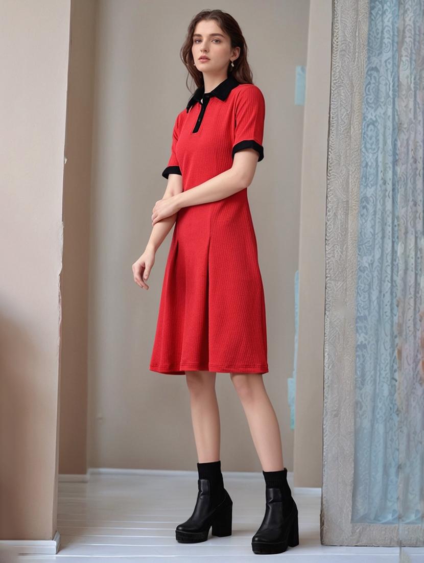 women solid shor sleeve collared a-line dress - 22017569 -  Zoom Image - 0