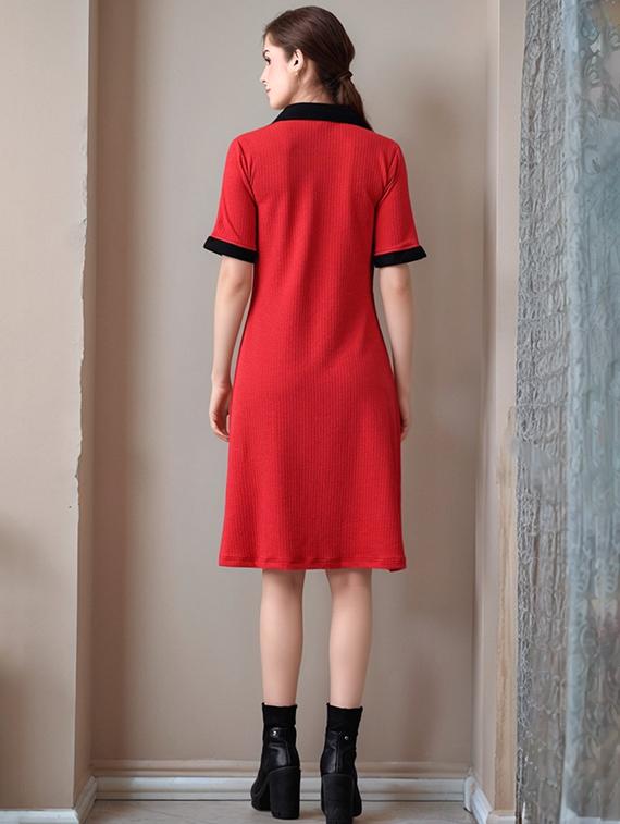 women solid shor sleeve collared a-line dress - 22017569 - Standard Image - 1