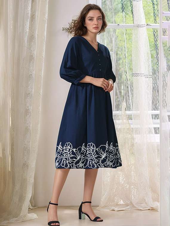 women embroidered three quarter sleeve fit & flare dress - 22017575 -  Standard Image - 1