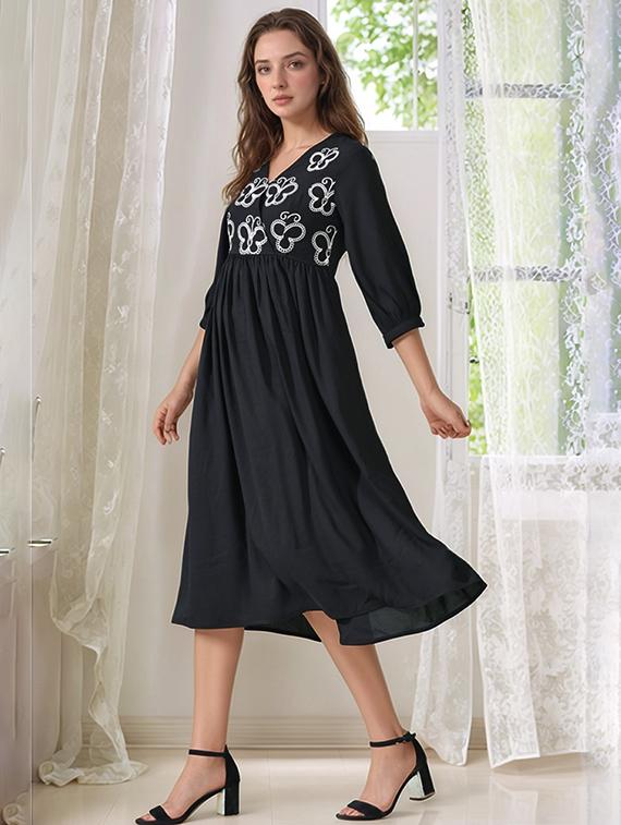 women embroidered three quarter sleeve fit & flare dress - 22017576 -  Standard Image - 1