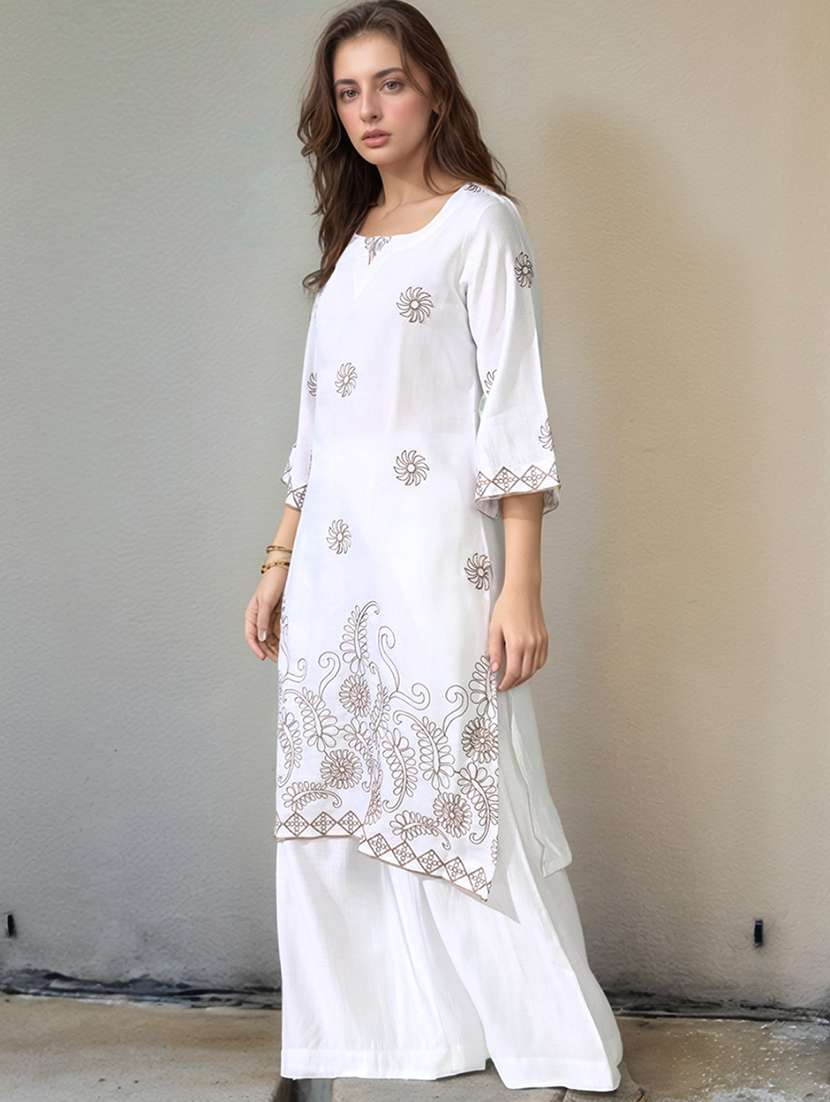 women embroidered three quarter sleeve kurta and palazzo set - 22017583 -  Standard Image - 1