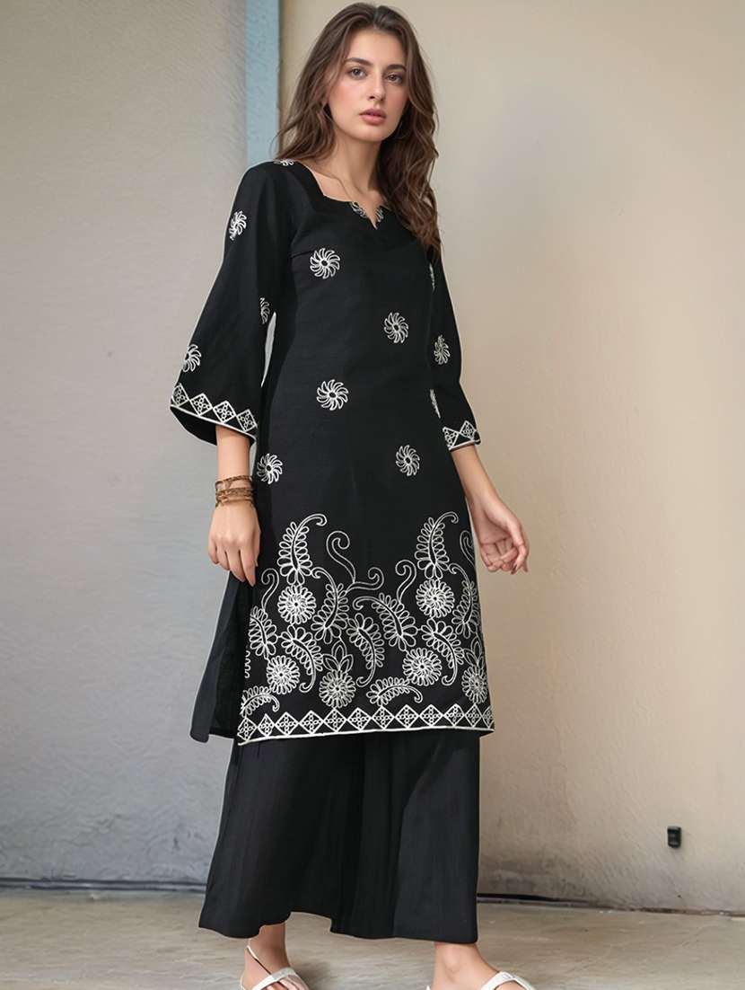 women embroidered three quarter sleeve kurta and palazzo set - 22017584 -  Standard Image - 1