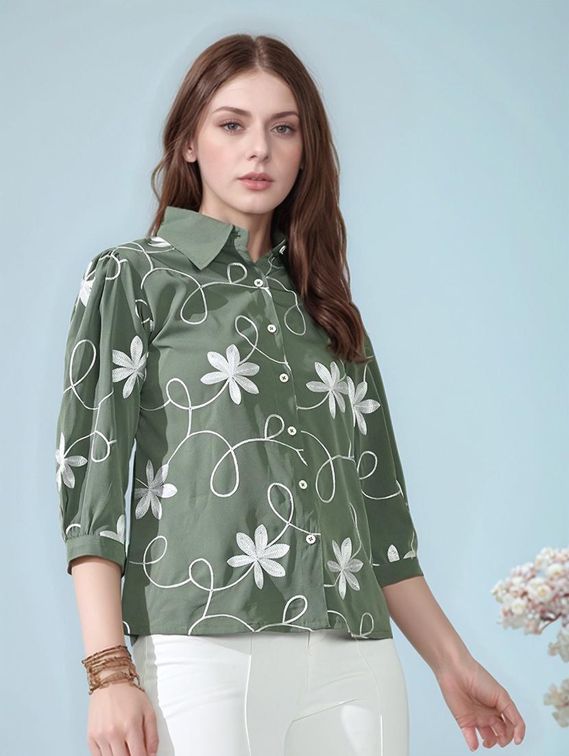 women embroidered puff sleeve collared shirt top - 22017589 -  Standard Image - 1