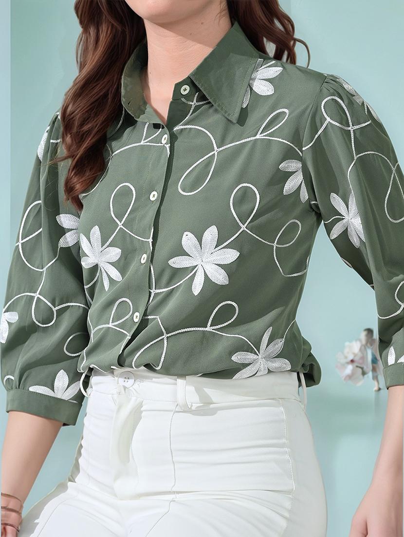 women embroidered puff sleeve collared shirt top - 22017589 - Standard Image - 4