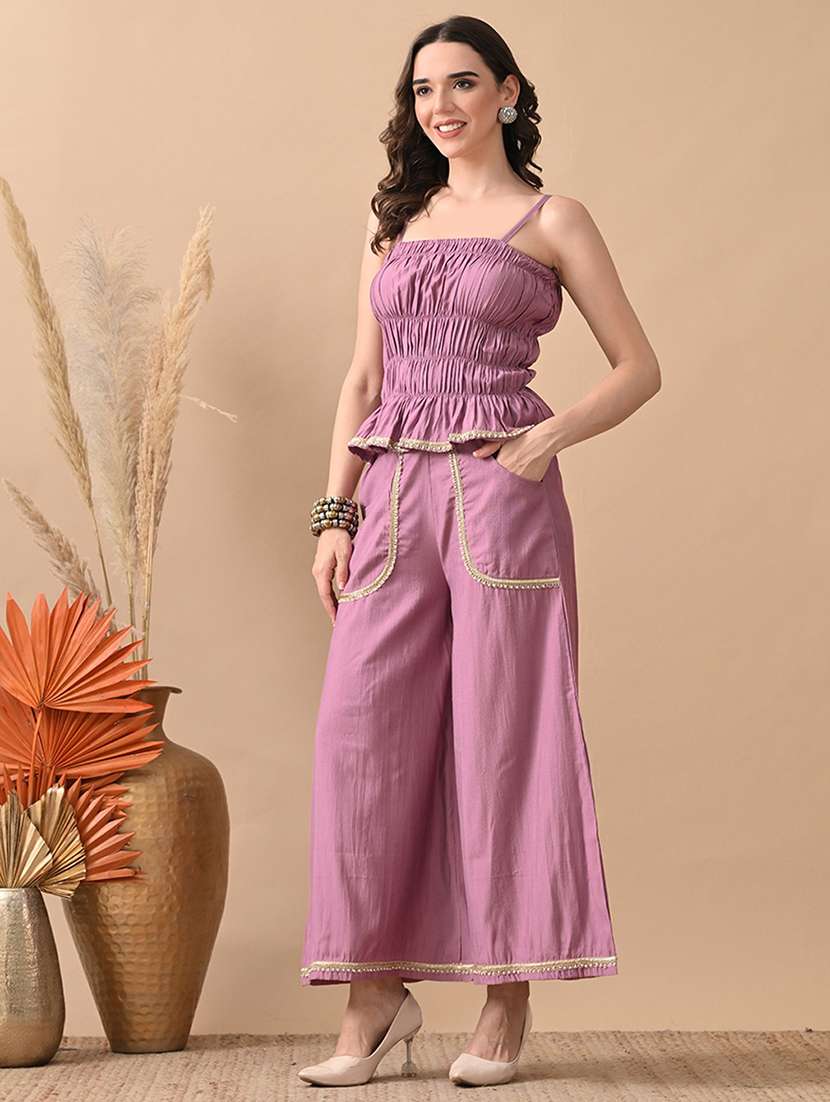 women solid top and trouser co-ord set - 22017602 - Standard Image - 1