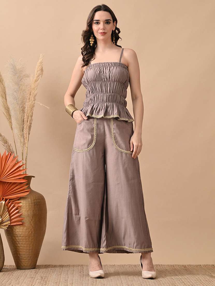 women solid top and trouser co-ord set - 22017603 - Standard Image - 1