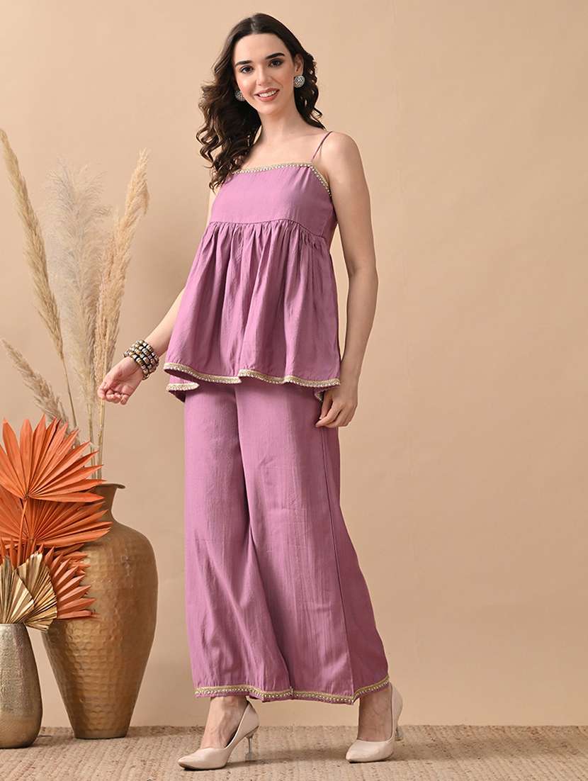 women solid  top and palazzo co-ord set - 22017605 -  Standard Image - 1