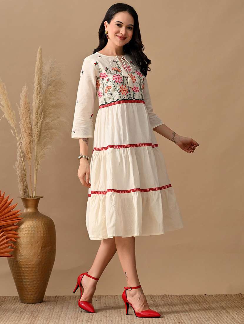 women embroidered tie-up neck tiered dress - 22017610 -  Standard Image - 1