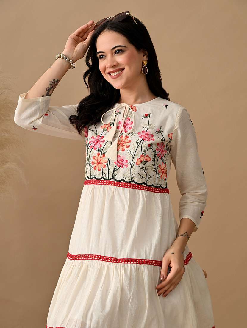 women embroidered tie-up neck tiered dress - 22017610 -  Standard Image - 4