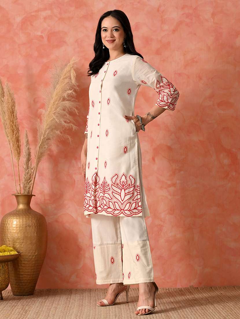 women embroidered three quarter sleeve kurta and pant set - 22017619 - Standard Image - 1